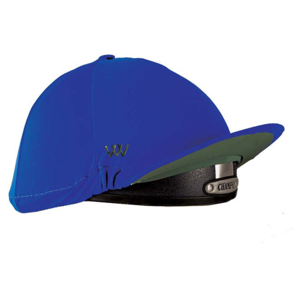 An Electric Blue Woof Wear helmet cover fitted over a helmet, with a visible logo on the front and a detachable button.