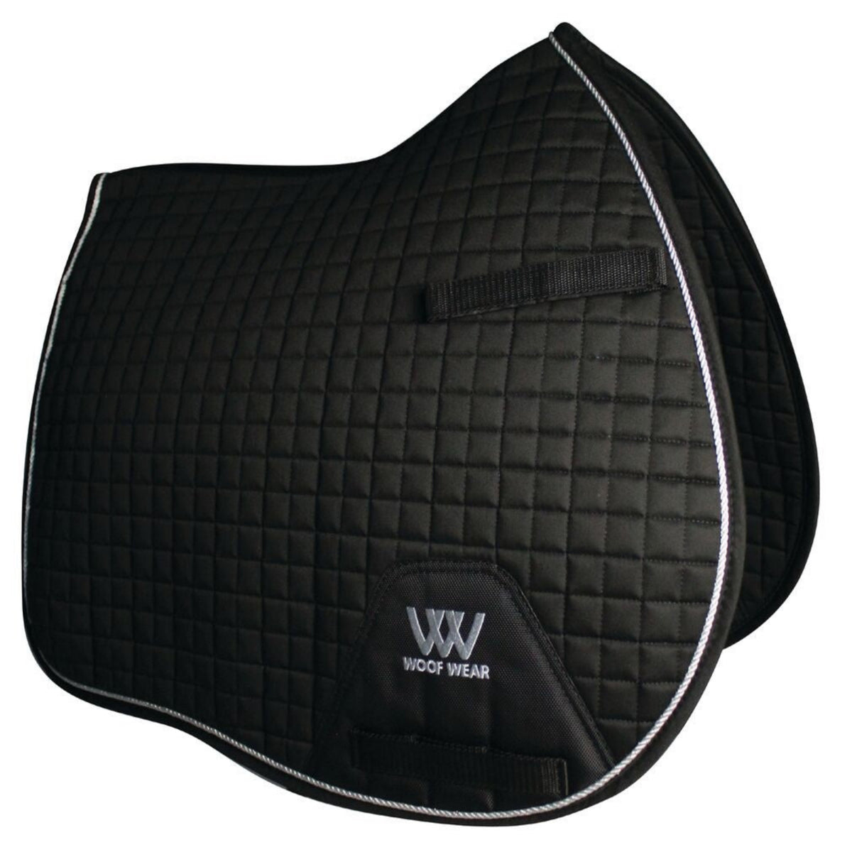A Black quilted saddle pad with silver binding, featuring girth straps, and the Woof Wear logo.