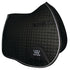 A Black quilted saddle pad with silver binding, featuring girth straps, and the Woof Wear logo.
