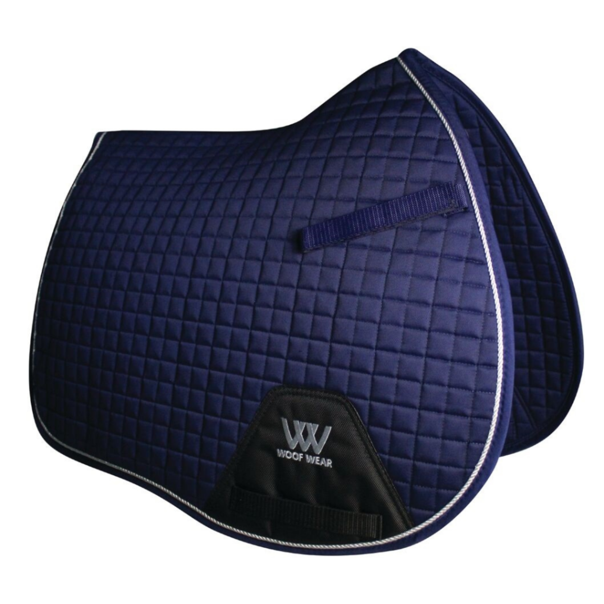 A Navy Blue quilted saddle pad with silver binding, featuring girth straps, and the Woof Wear logo.