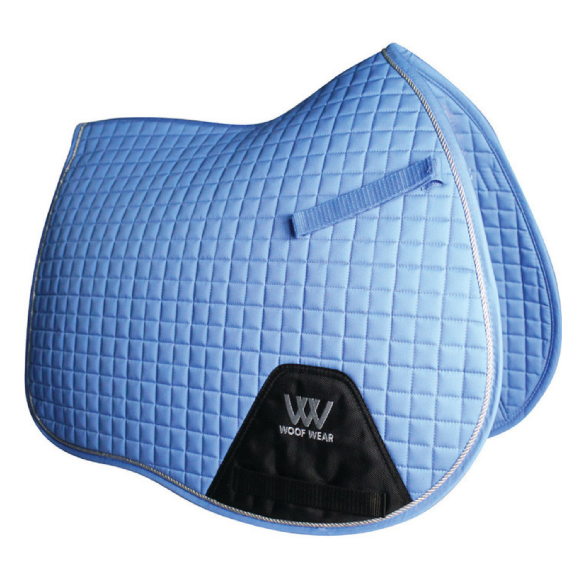A Powder Blue quilted saddle pad with silver binding, featuring girth straps, and the Woof Wear logo.