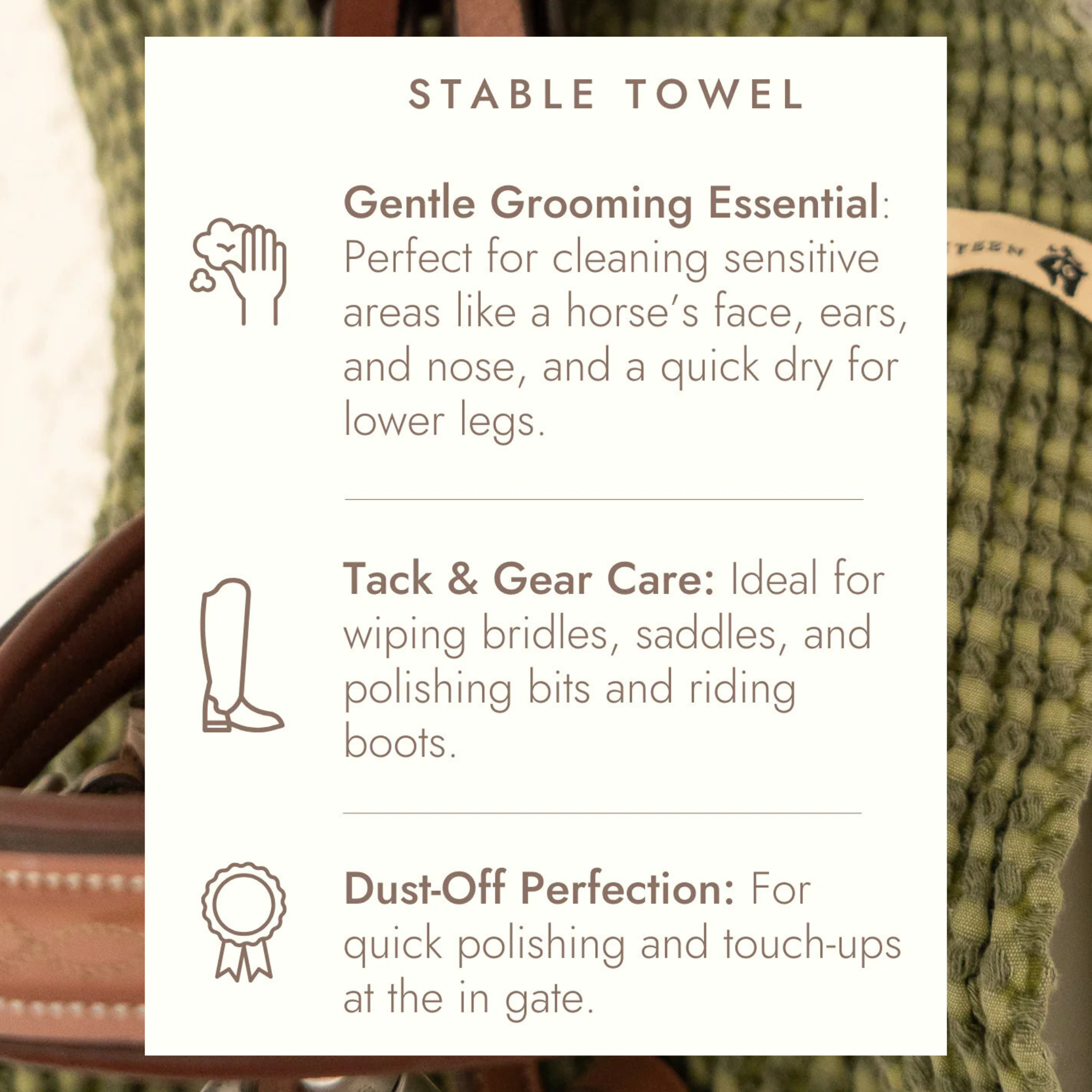 16 Cypress table towel with usage instructions and benefits on a blurred background