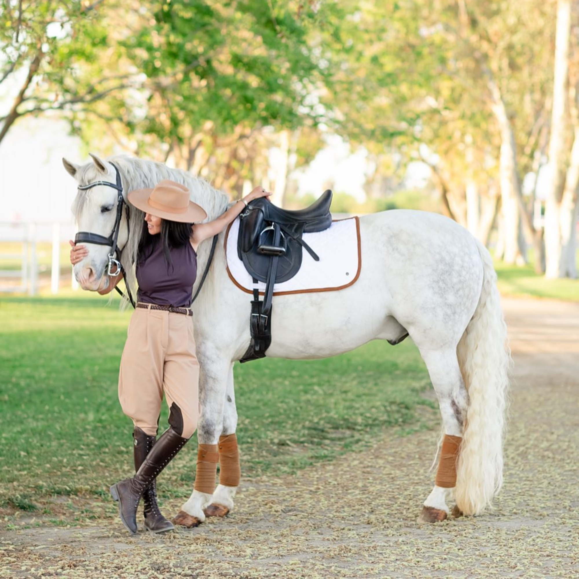 Sixteen Cypress Dressage Pad, White &amp; Cognac