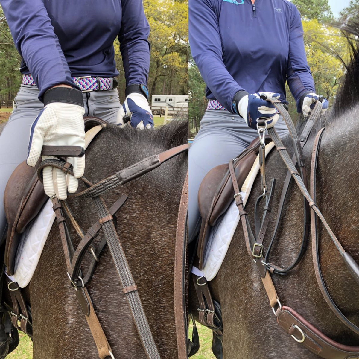 A rider is showing how she holds the breastplate attachments in her hands and also her reins.