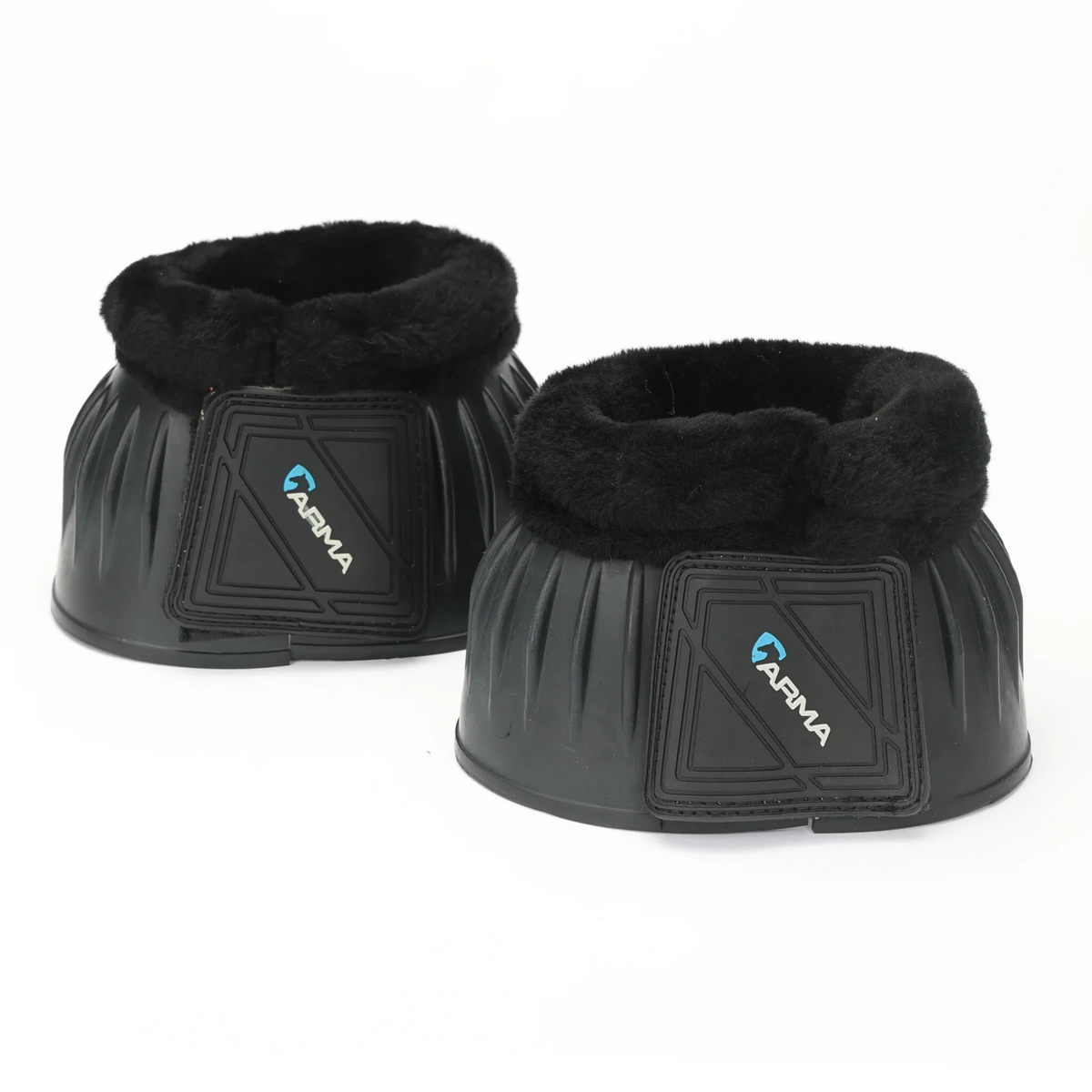 A pair of black ARMA fleece top bell boots with velcro closures.