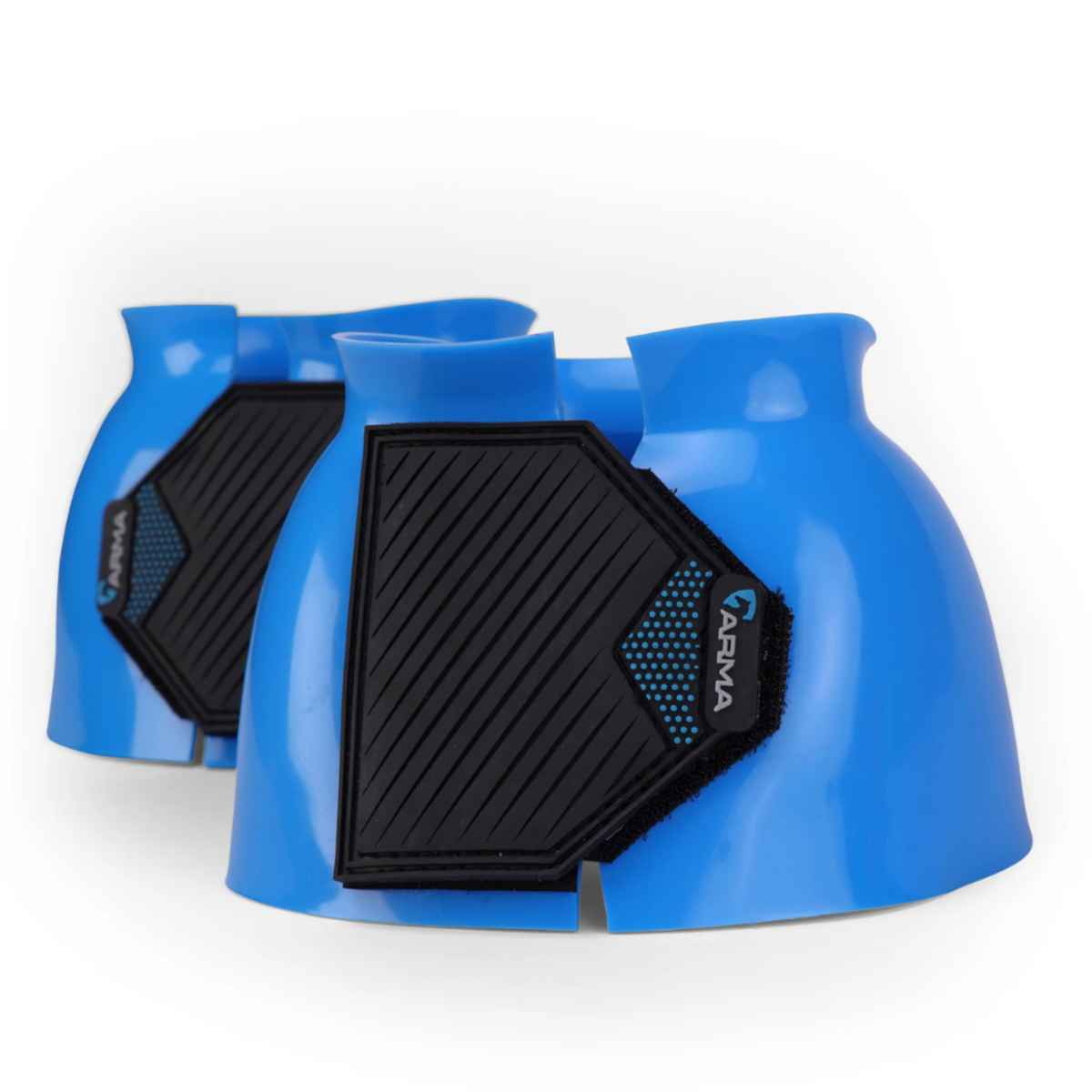 Pair of Blue ARMA by Shires Equestrian bell boots with easy grip double sided touch close straps and the ARMA logo on the straps.