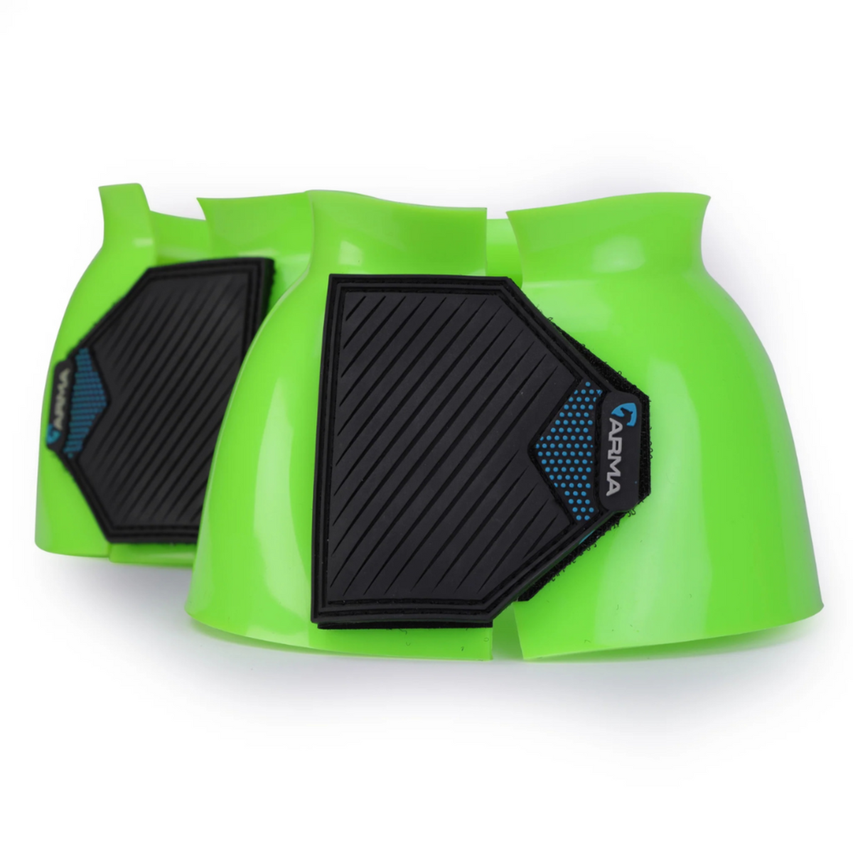 A pair of green ARMA by Shires Equestrian bell boots with easy grip double sided touch close straps and the ARMA logo on the straps.
