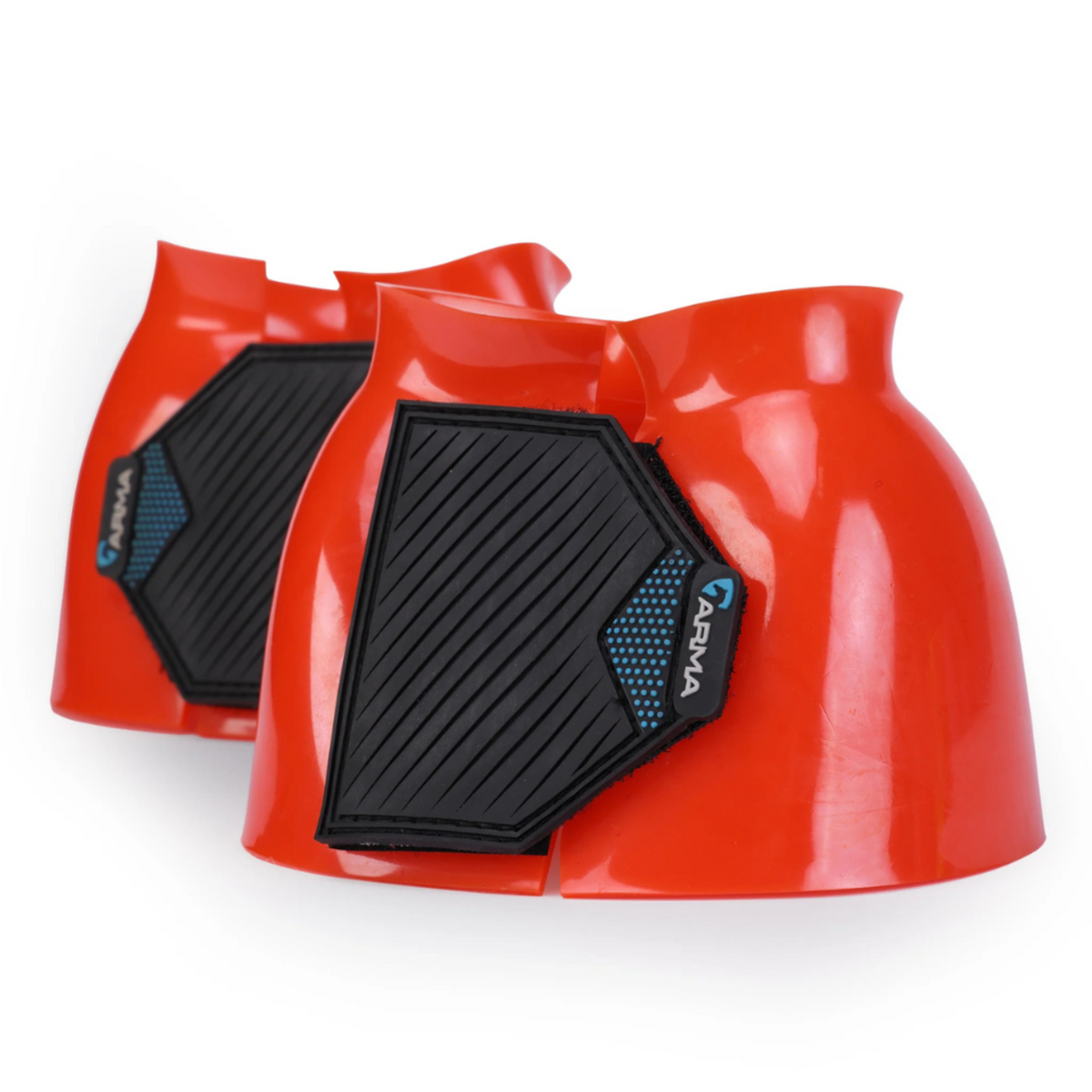 A pair of Orange ARMA by Shires Equestrian bell boots with easy grip double sided touch close straps and the ARMA logo on the straps.