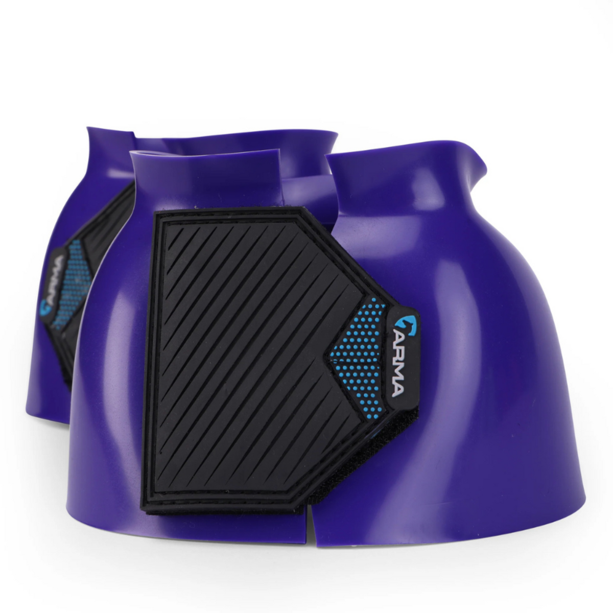 Pair of Purple ARMA by Shires Equestrian bell boots with easy grip double sided touch close straps and the ARMA logo on the straps.
