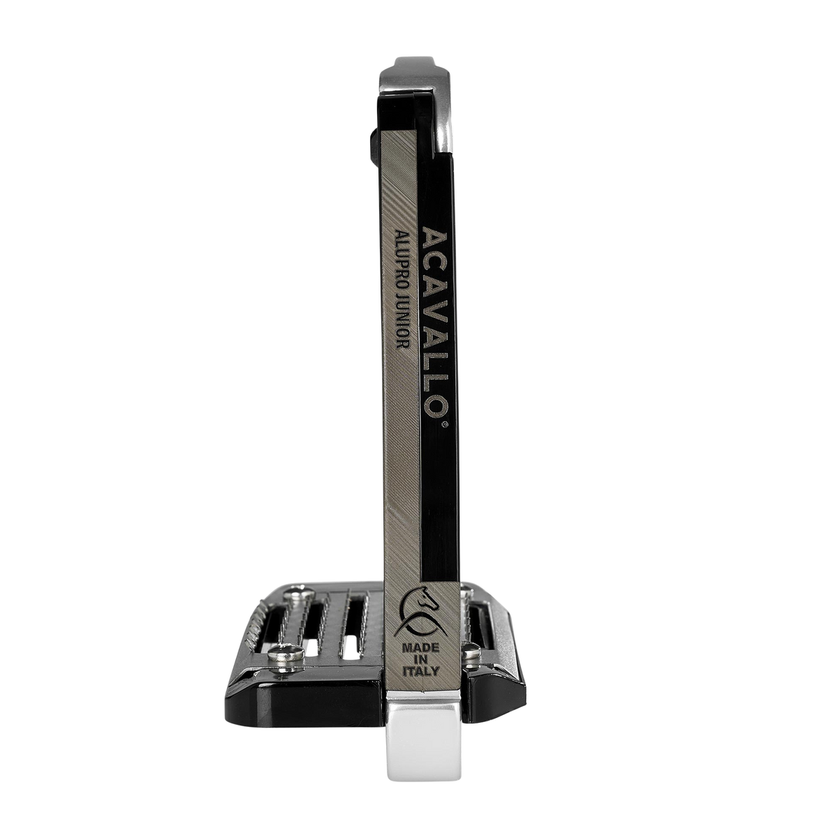 A photo showing the side of the Silver and black Acavallo Arena Alu Pro Junior Stirrups.