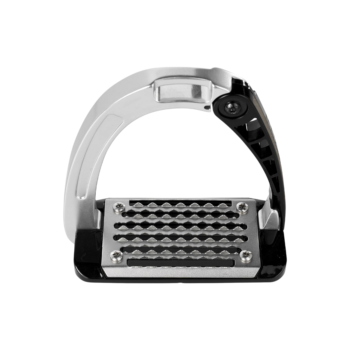 Showing a top down point of view of the Silver and black Acavallo Arena Alu Pro Junior Stirrups.