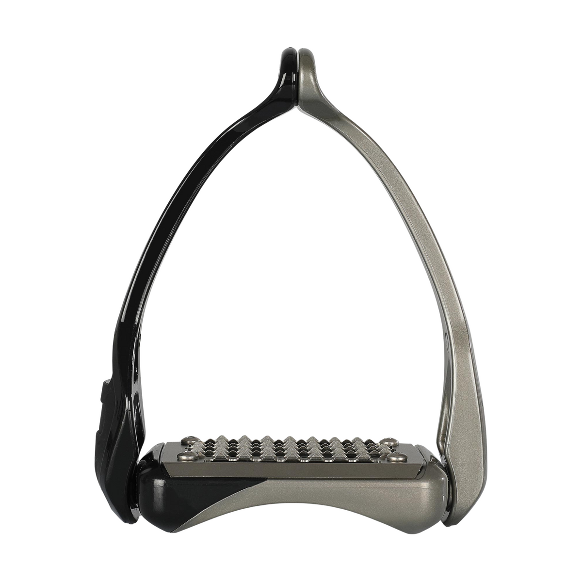 Equestrian stirrup with black and silver design on a white background