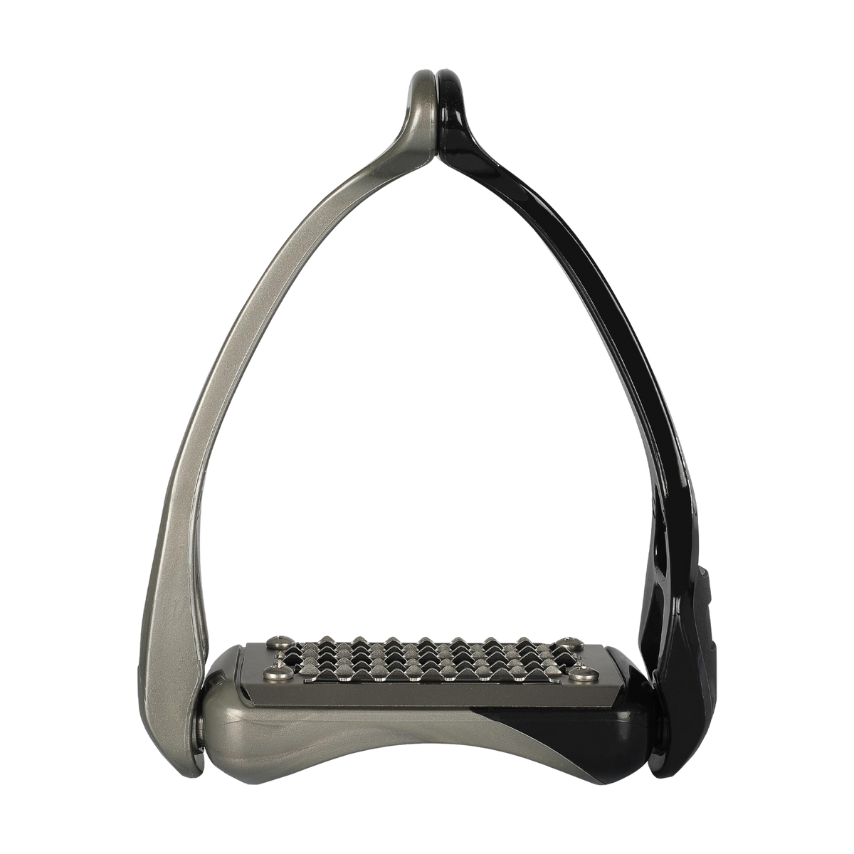 Equestrian stirrup with metallic and black design on a white background