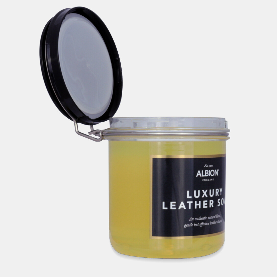 Albion Luxury Leather Soap Open Container, Side View