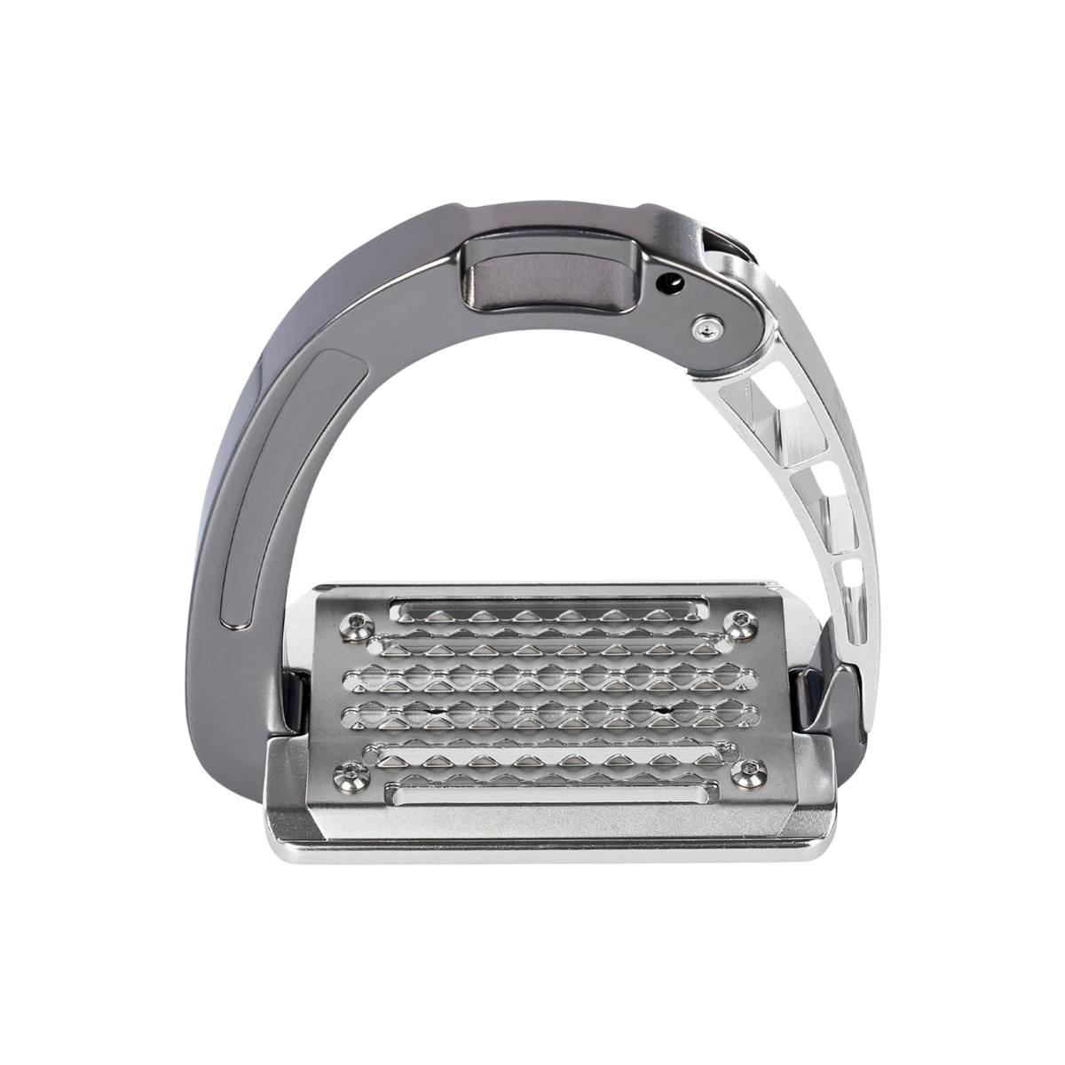 Acavallo Arena Alu Plus Junior Stirrup in Aluminum showing from the top down showing the tread.