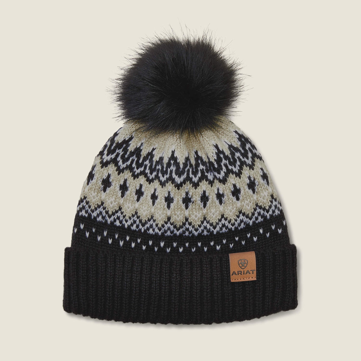 Ariat Hansford Beanie, Black Print with Faux Fur Pom Pom