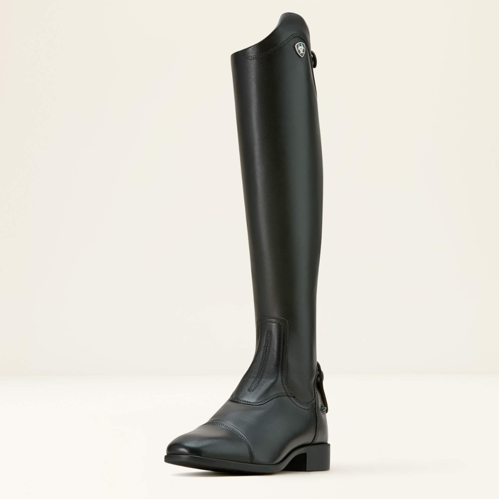 Image of the front of a black Ariat Palisade tall dress riding boot on white background.