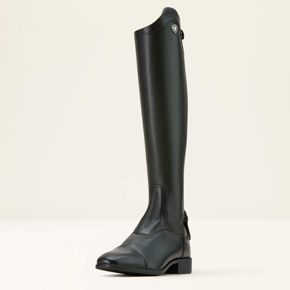 Image of the front of a black Ariat Palisade tall dress riding boot on white background. 