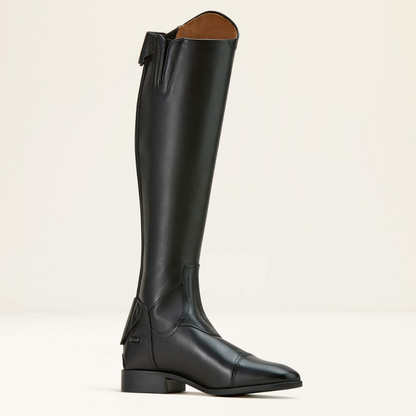 Inner leg image of a left Ariat black Palisade tall dress riding boot on white background. 