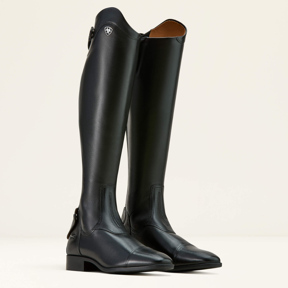 Image of a pair of Ariat's black Palisade tall dress riding boots on white background. 