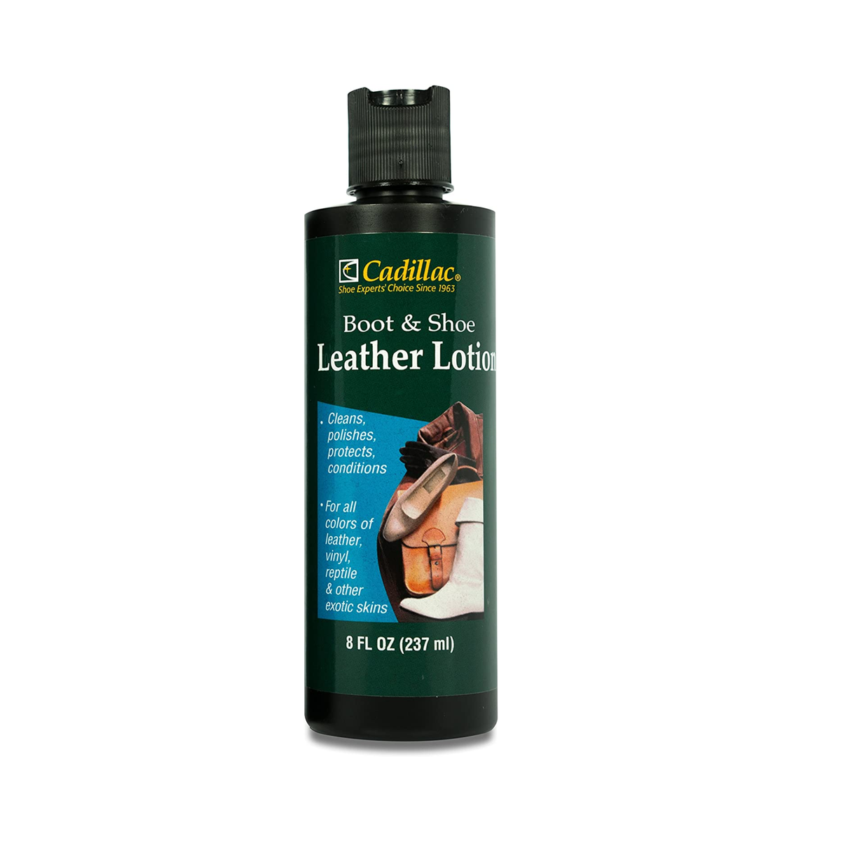 Bottle of Cadillac Boot &amp; Shoe Leather Lotion on a white background