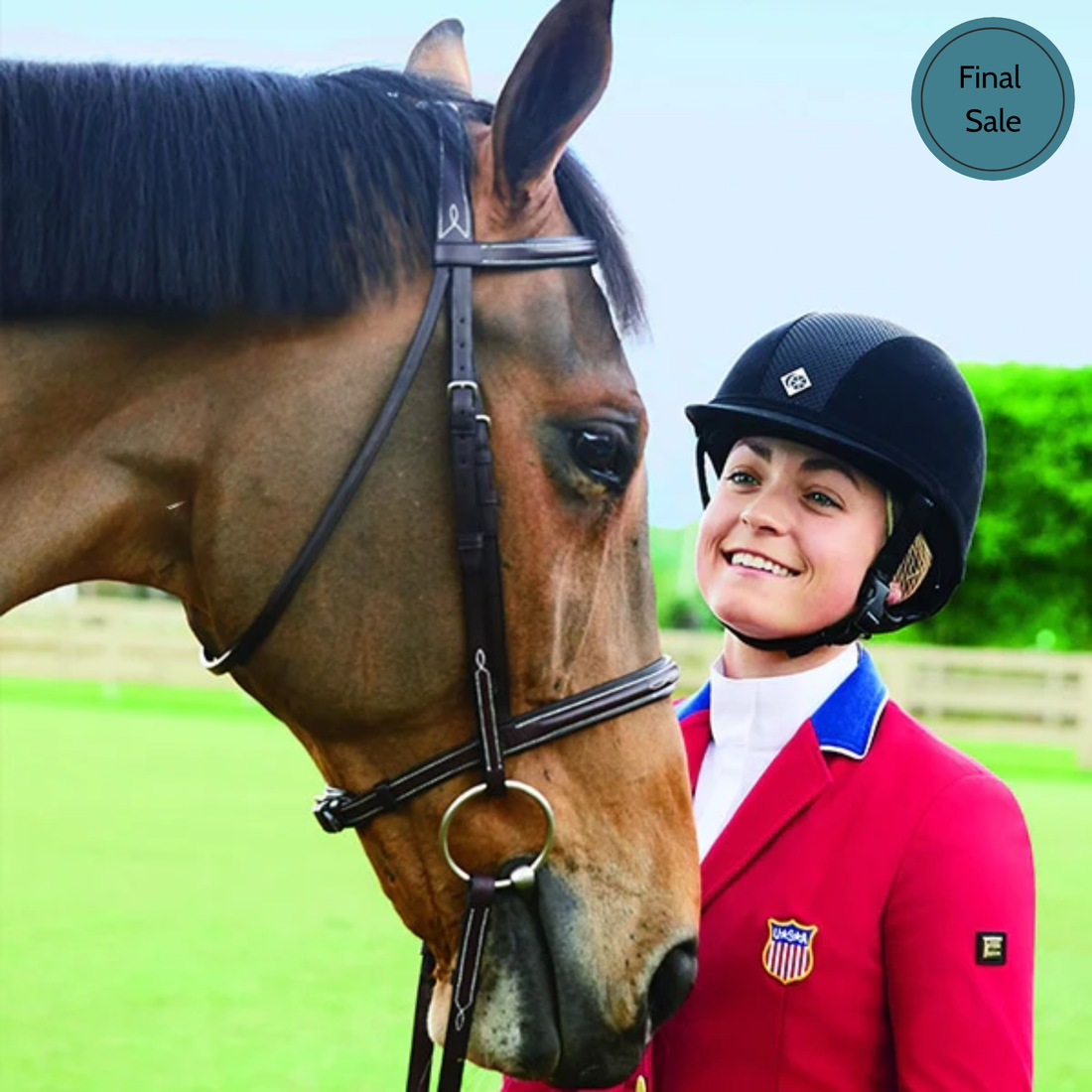 Female rider wearing a Charles Owen Ayr8 Plus Helmet while she&