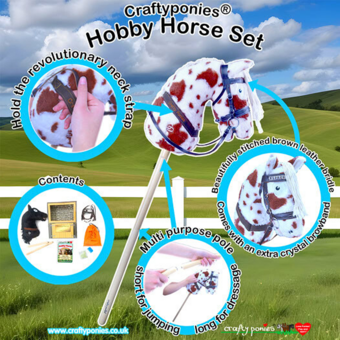 Craftyponies Hobby Horse Sets with features highlighted on a grassy field background