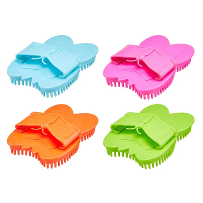 Four colorful butterfly-shaped Epona Wondrous Curry Groomers on a white background. Top row has blue and orange and bottom row has green and pink.