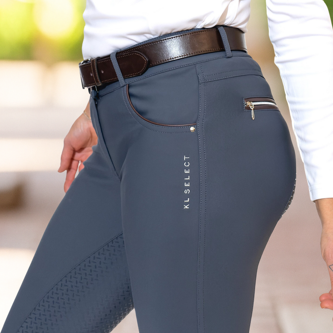 KL Select Gabrielle Full Seat Breeches, Slate with Expresso Piping