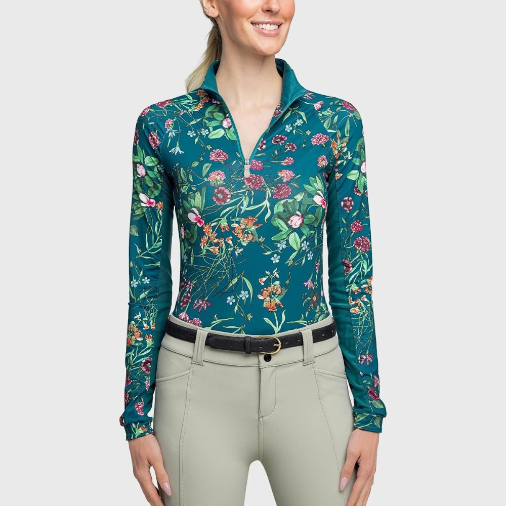 Kastel Teal Botanical 1/4 Zip Long Sleeve Shirt