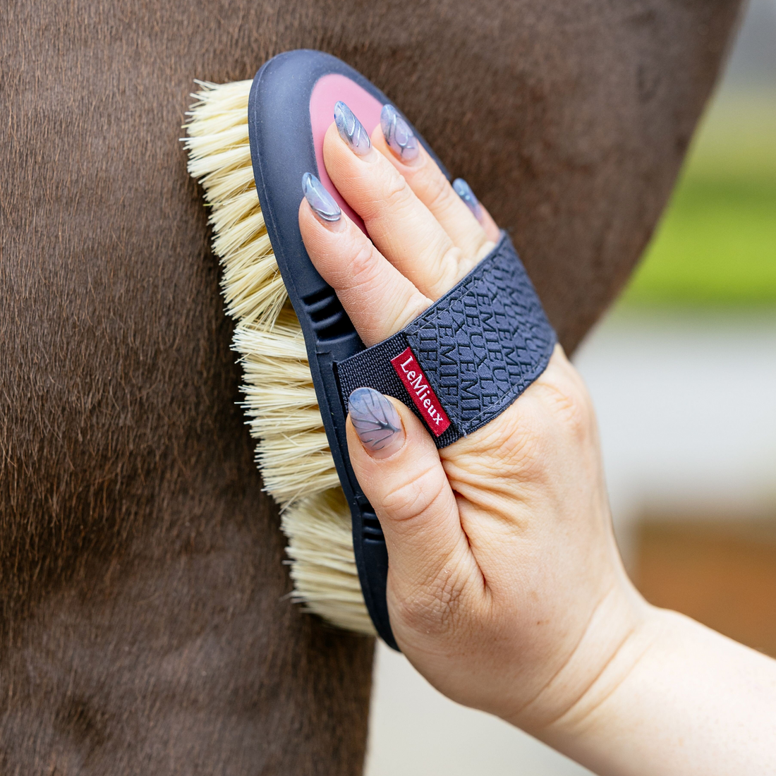 Lifestyle image of a woman brushing a horse with LeMieux&