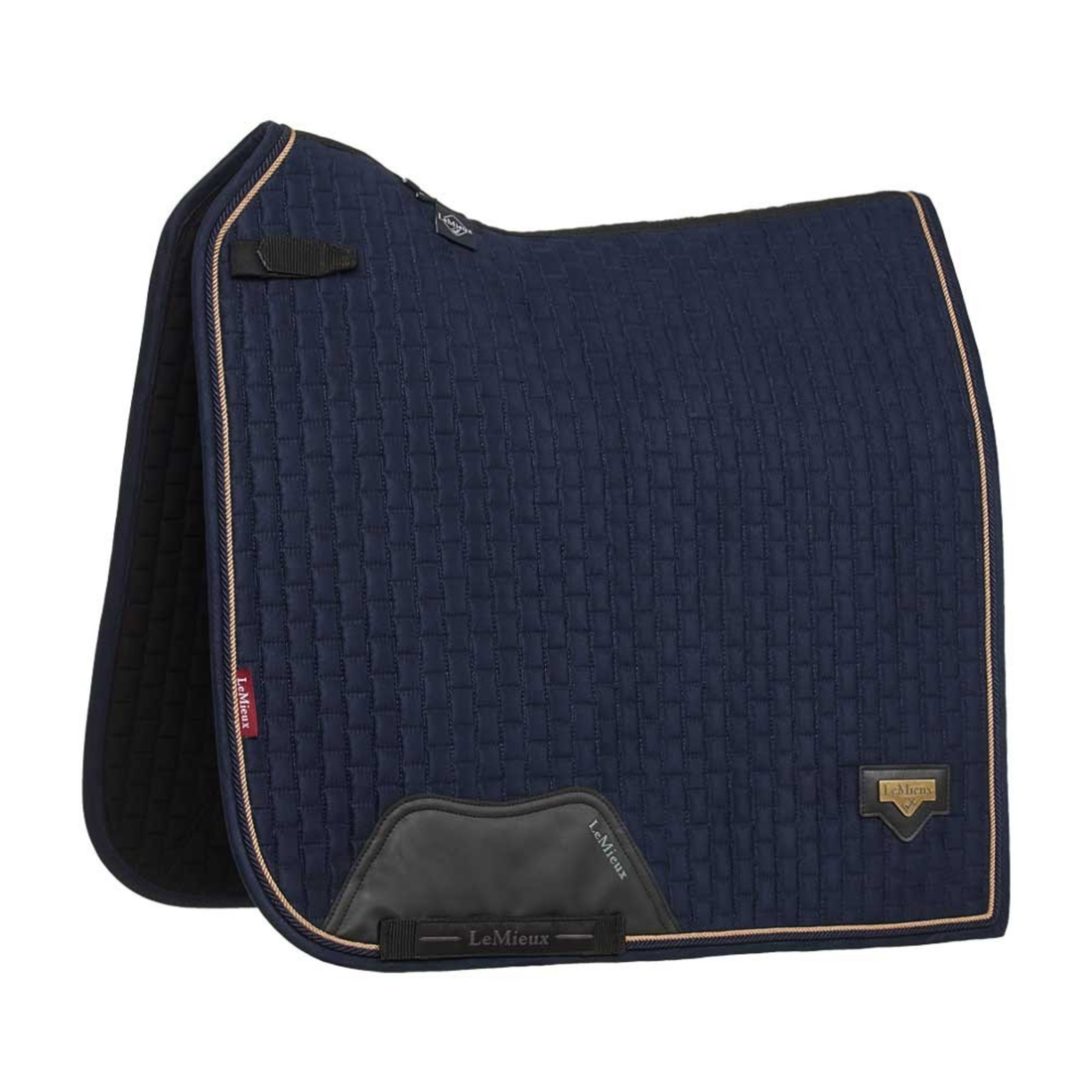 Navy blue quilted saddle pad with black leather flap on a white background