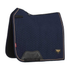 Navy blue quilted saddle pad with black leather flap on a white background