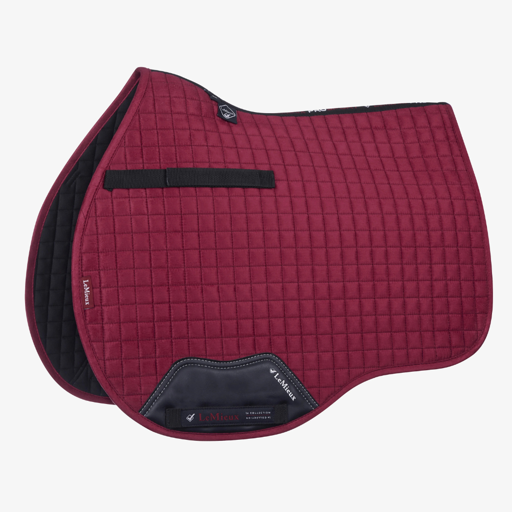 Image of LeMieux's mulberry GP suede square saddle pad on white background