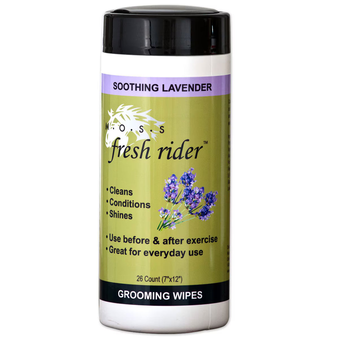 MOSS Fresh Rider grooming wipes with lavender container on a white background