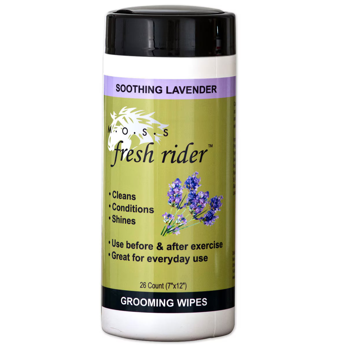 MOSS Fresh Rider grooming wipes with lavender container on a white background