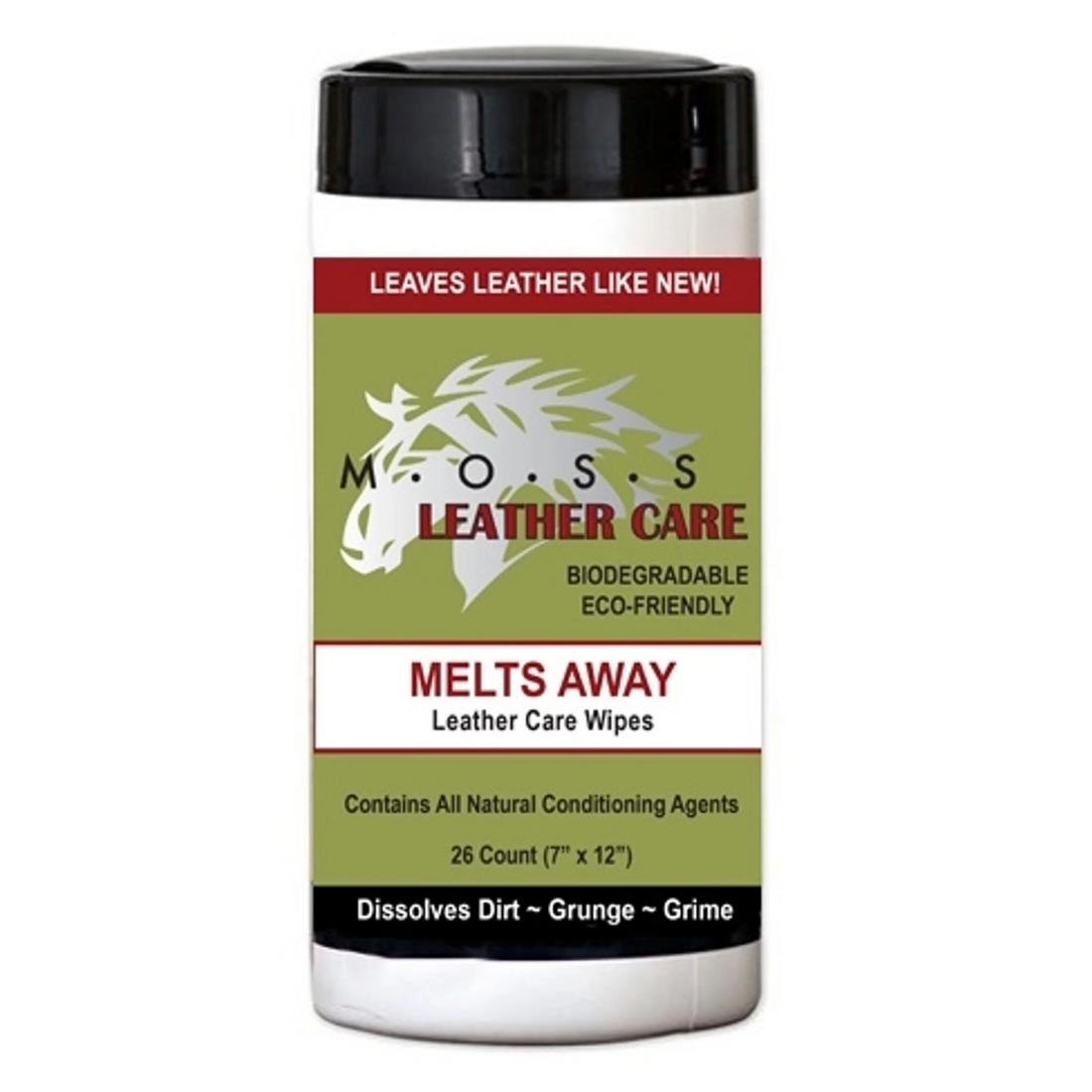 MOSS Melts Away Leather Care wipes container with green and white design on a white background