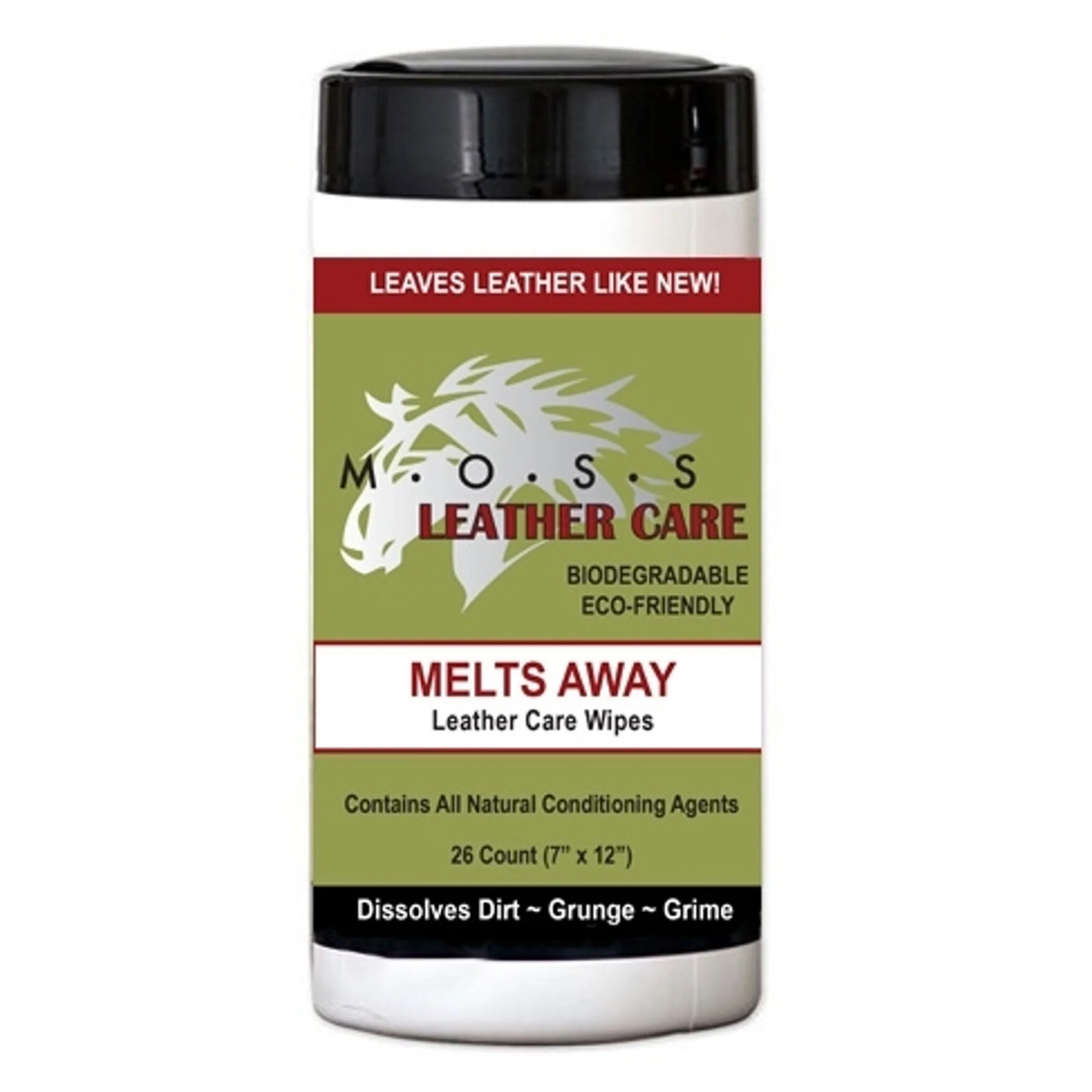 MOSS Melts Away Leather Care wipes container with green and white design on a white background