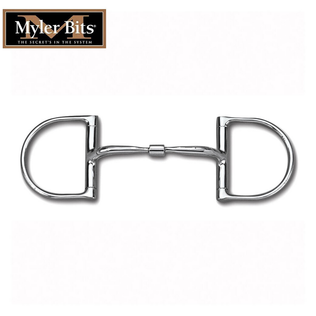 A Myler Comfort Snaffle Dee bit with a stainless steel wide barrel and a 5 inch mouthpiece, without hooks.