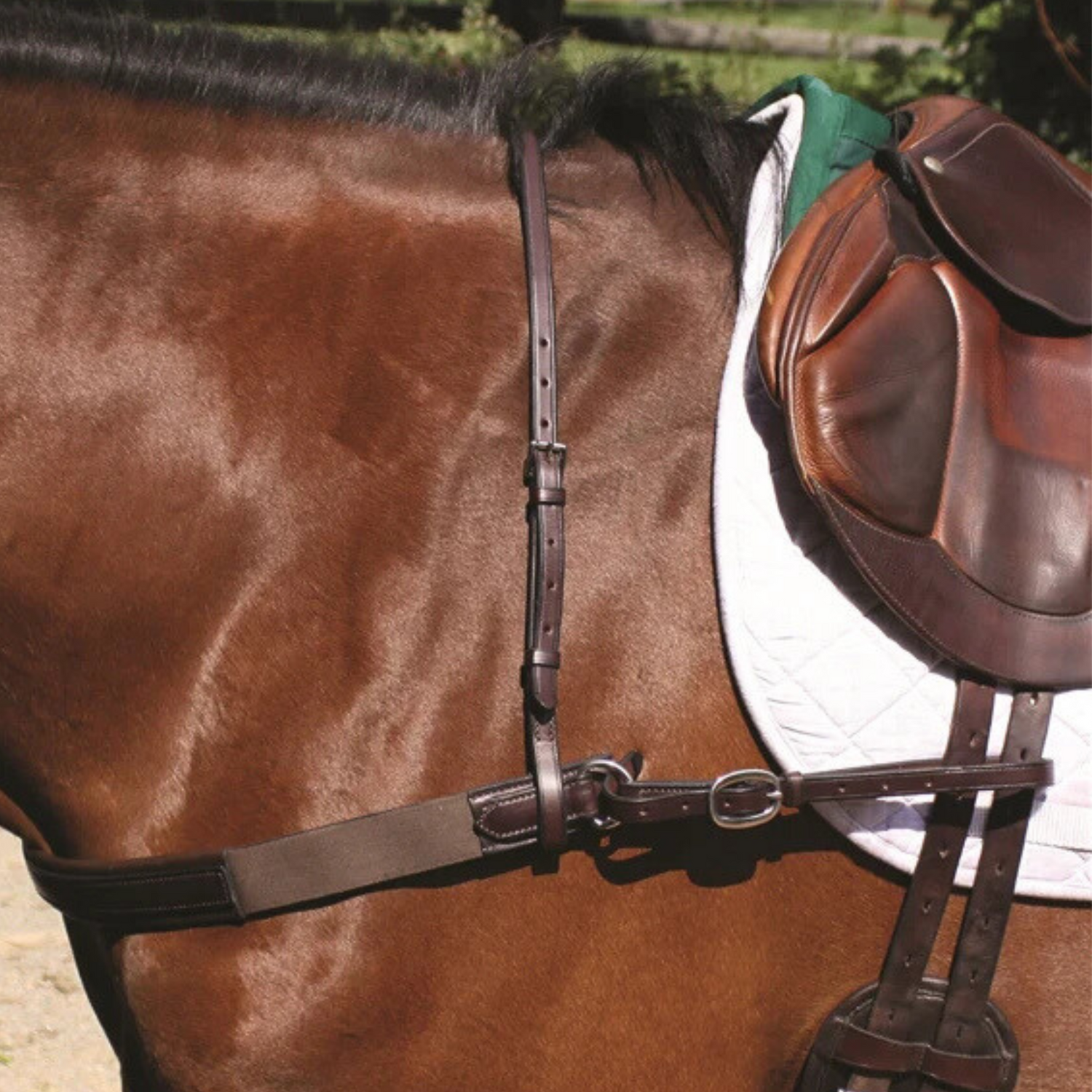 A brown leather neck strap attached to the Nunn Finer Jumper breastplate on a horse, with the horse wearing a brown saddle and bridle.