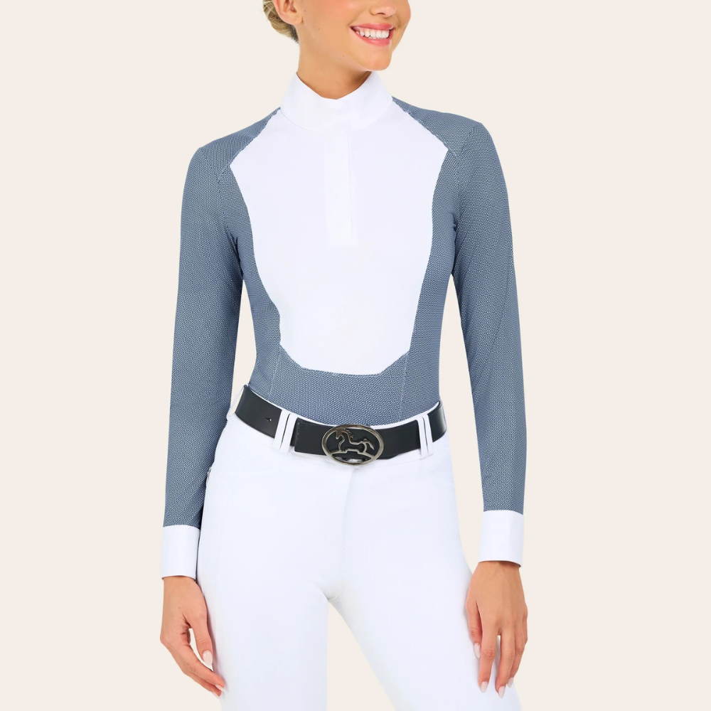 Close up product image of R.J. Classics blue petal dots Liv show shirt on a model wearing white breeches and a black R.J. Classics belt. 