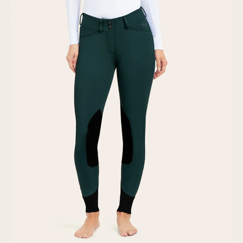 Closeup front image of R.J. Classics forest colored Gracie knee patch images on a model.