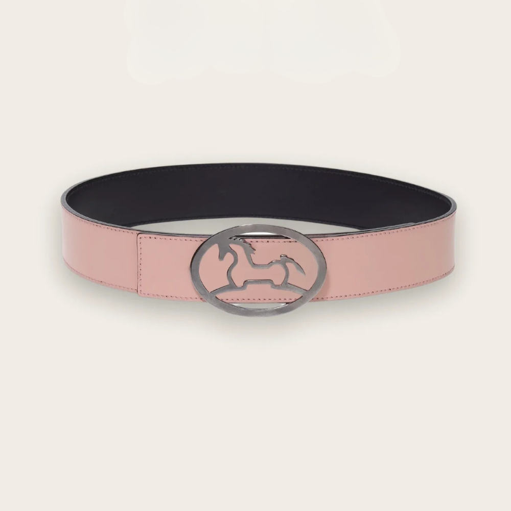 Product image of R.J. Classics black &amp; blush reversible Bobbie belt with a metal R.J. Logo belt buckle with blush on the outside. 