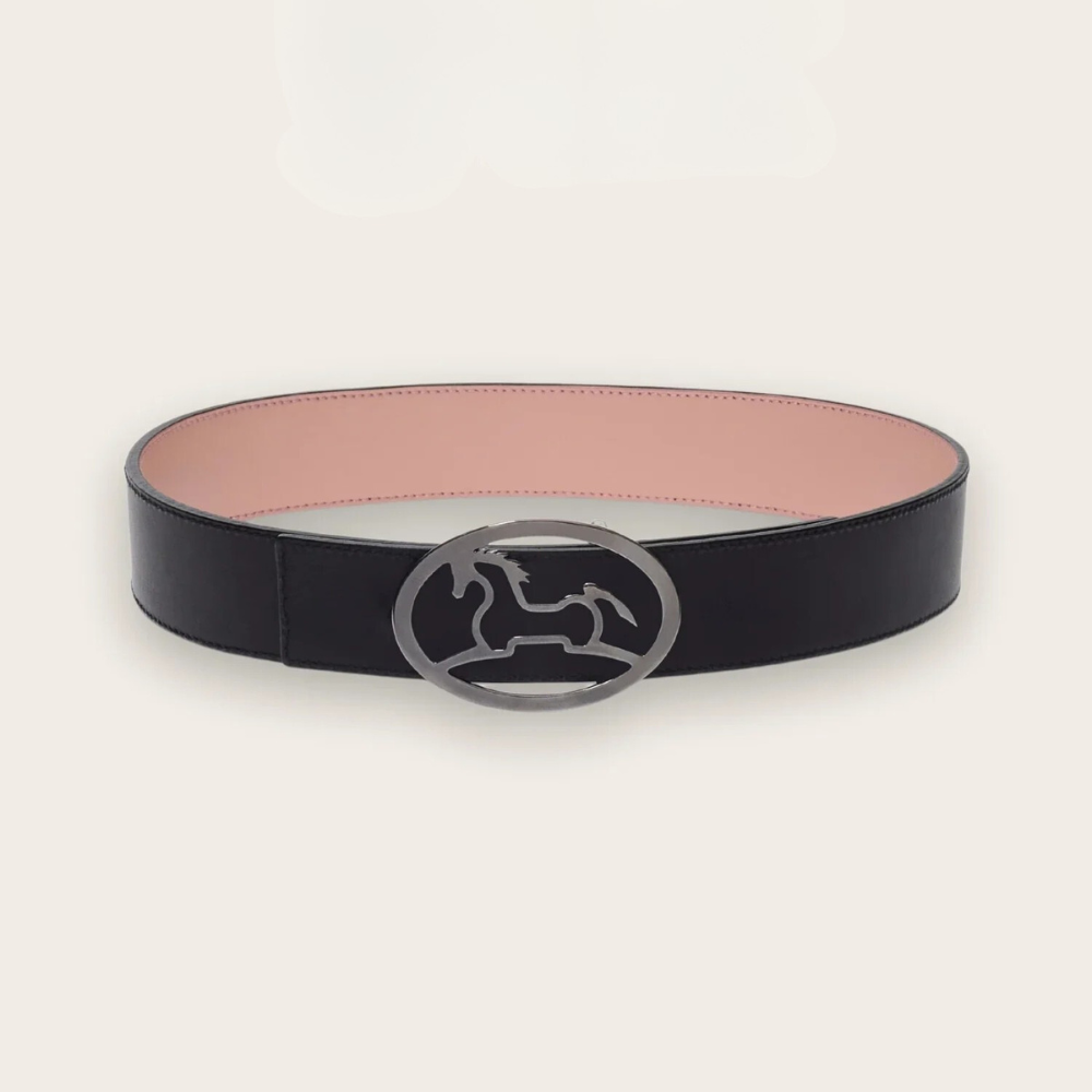 Product image of R.J. Classics black &amp; blush reversible Bobbie belt with a metal R.J. Logo belt buckle with black on the outside. 