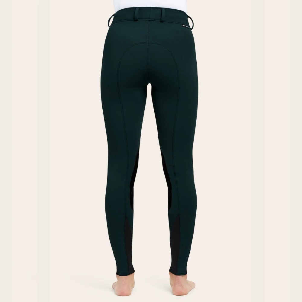 Back image of R.J. Classics forest colored Gracie knee patch breeches on a model.