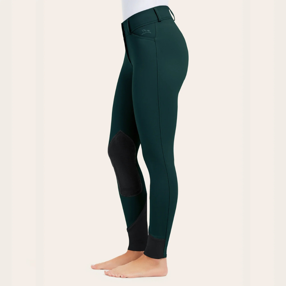 Side image of R.J. Classics forest colored Gracie knee patch breeches on a model.
