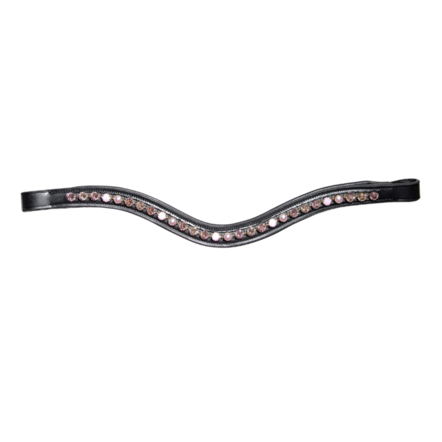 A KL Select Red barn browband with a curved design and rose pearl embellishments.