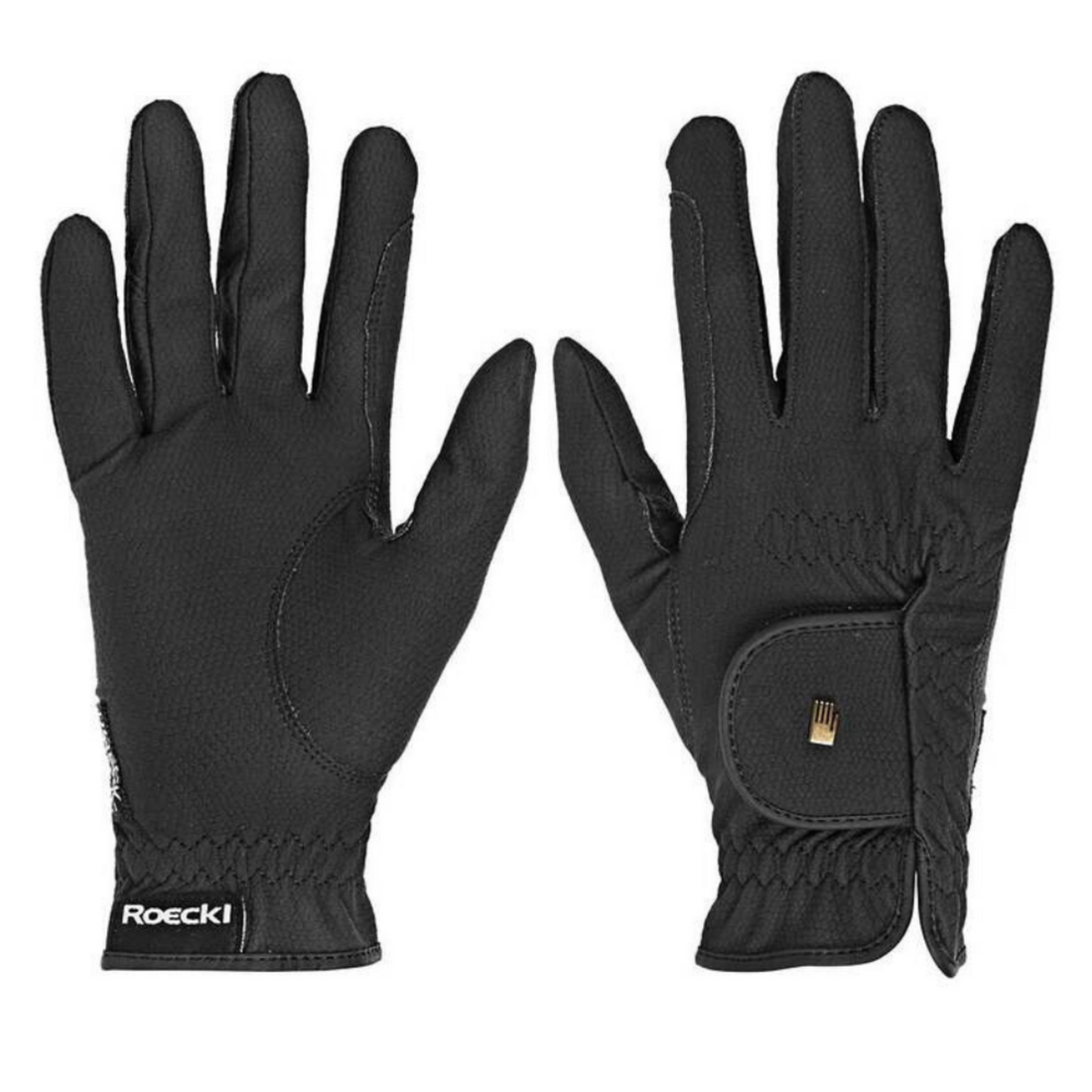 A pair of black Roeckl Roeck-Grip Riding Gloves. Showing a top side of the glove and a palm side of the glove.