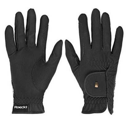 A pair of black Roeckl Roeck-Grip Riding Gloves. Showing a top side of the glove and a palm side of the glove.