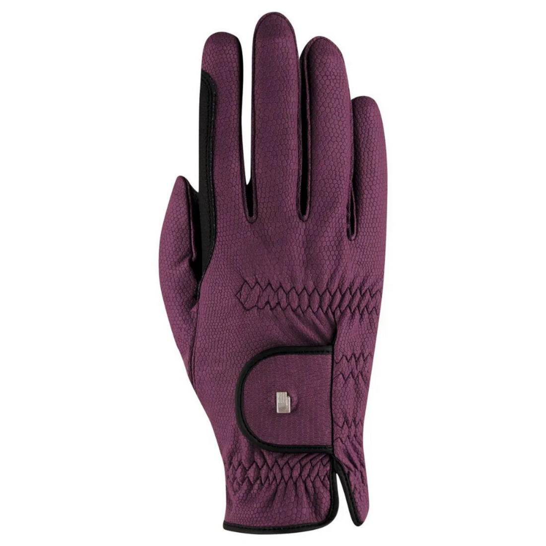 The front of a Roeckl Lona Glove in Grapewine color. Black detail trim and a velcro closure.